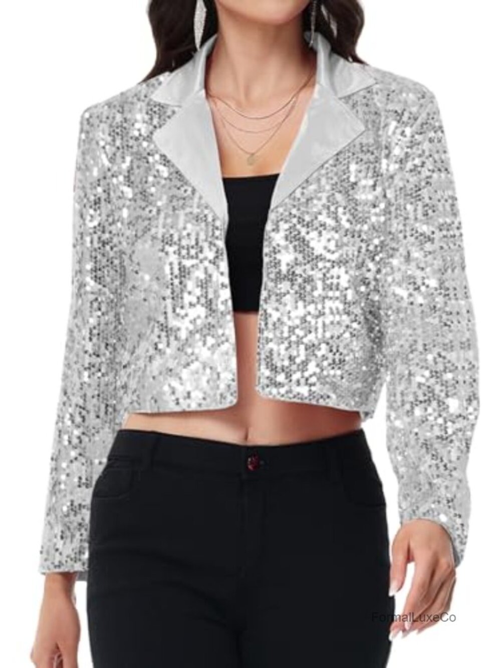 Sparkly Sequin Blazer Jacket Long Sleeve Open Front Cropped Party Club Cardigan